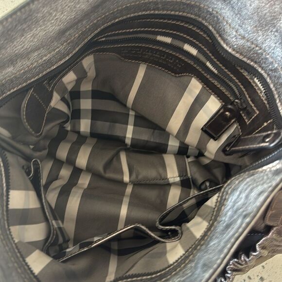 Burberry Warrior Metallic Pewter Leather Satchel Shoulder Handbag Hobo Ruched - Picture 6 of 16